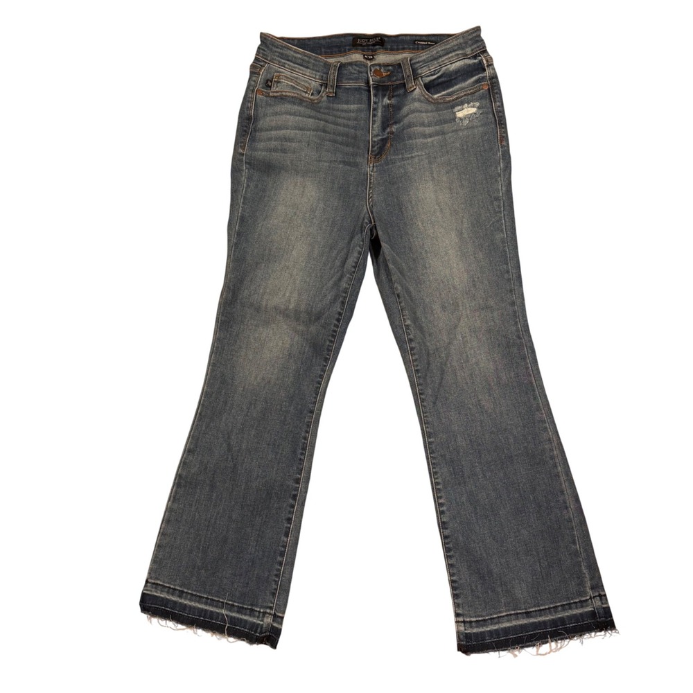 Judy Blue Cropped Bootcut Jeans Distressed Raw Hem Medium Wash JB82589MD-CO 9/29